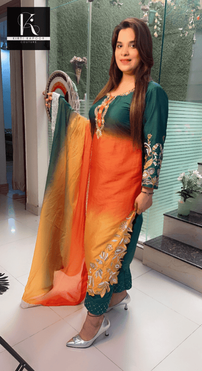 Tri - Coloured Hand - Embroidered Suit with Dupatta - Kirti Kapoor Couture