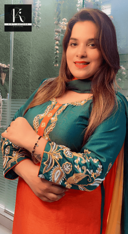 Tri - Coloured Hand - Embroidered Suit with Dupatta - Kirti Kapoor Couture