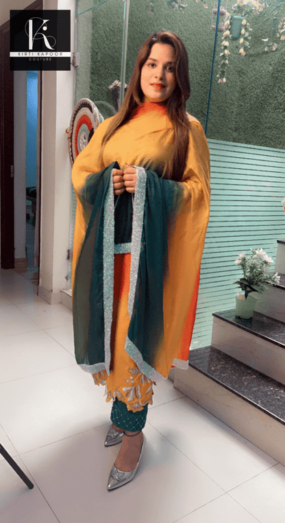 Tri - Coloured Hand - Embroidered Suit with Dupatta - Kirti Kapoor Couture