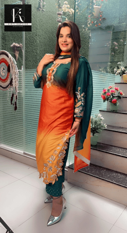 Tri - Coloured Hand - Embroidered Suit with Dupatta - Kirti Kapoor Couture