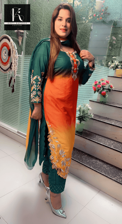 Tri - Coloured Hand - Embroidered Suit with Dupatta - Kirti Kapoor Couture