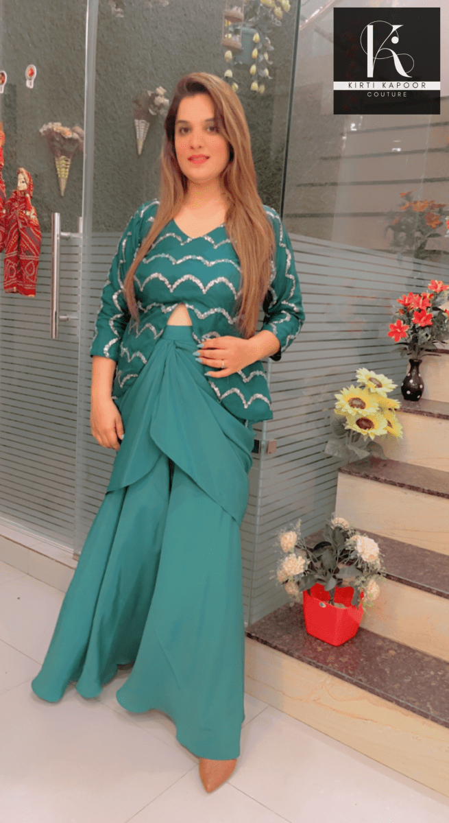 Turquoise Drape Dress With Embroidered Designer Top - Kirti Kapoor Couture