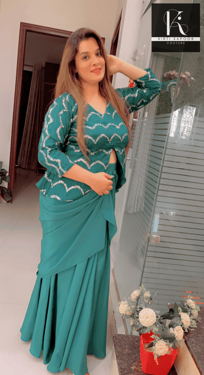 Turquoise Drape Dress With Embroidered Designer Top - Kirti Kapoor Couture