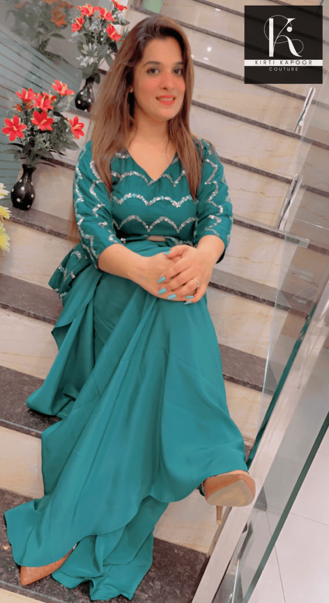 Turquoise Drape Dress With Embroidered Designer Top - Kirti Kapoor Couture