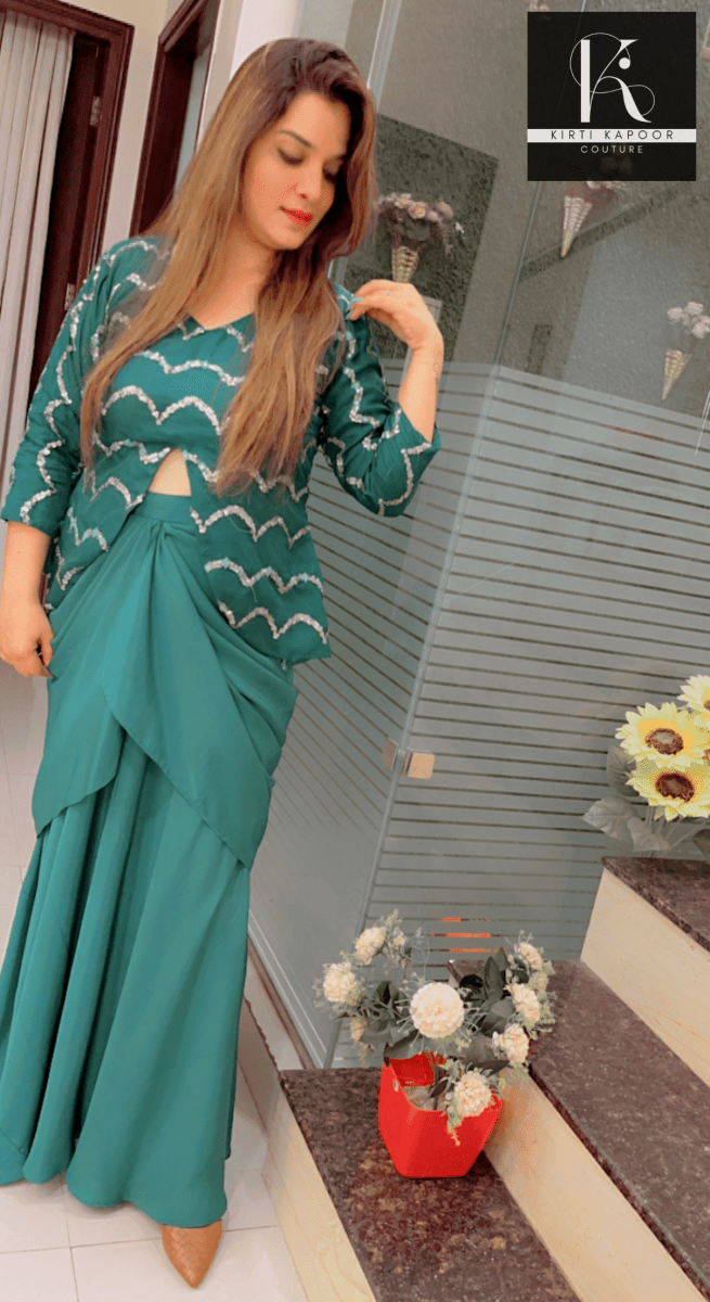 Turquoise Drape Dress With Embroidered Designer Top - Kirti Kapoor Couture