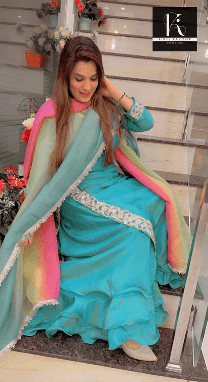 Turquoise Embroidered Suit with Colored Dupatta - Kirti Kapoor Couture