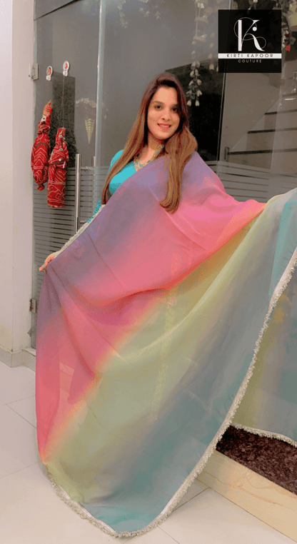 Turquoise Embroidered Suit with Colored Dupatta - Kirti Kapoor Couture