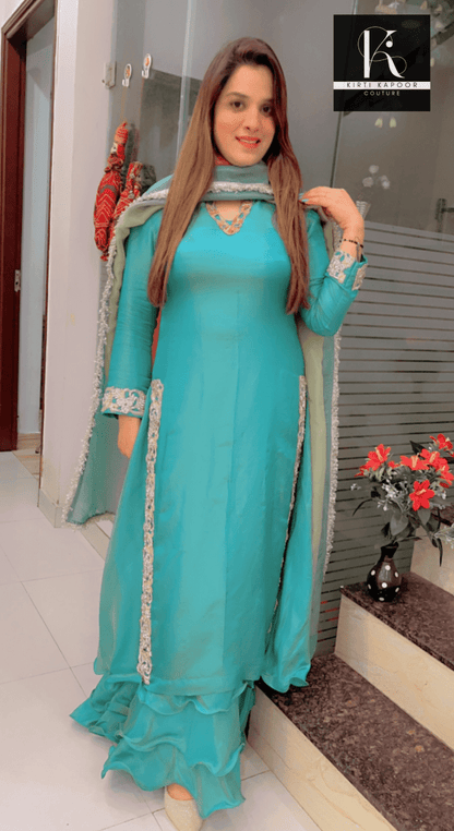 Turquoise Embroidered Suit with Colored Dupatta - Kirti Kapoor Couture