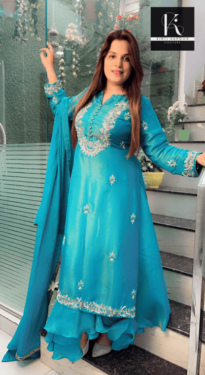Turquoise Hand - Embroidered Suit with Heavy Dupatta - Kirti Kapoor Couture