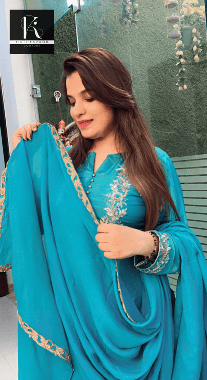 Turquoise Hand - Embroidered Suit with Heavy Dupatta - Kirti Kapoor Couture