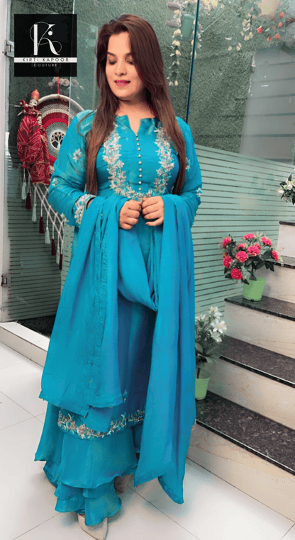 Turquoise Hand - Embroidered Suit with Heavy Dupatta - Kirti Kapoor Couture