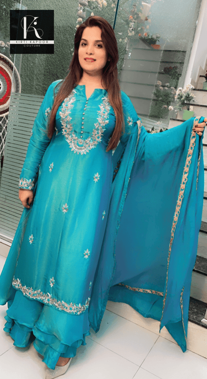 Turquoise Hand - Embroidered Suit with Heavy Dupatta - Kirti Kapoor Couture