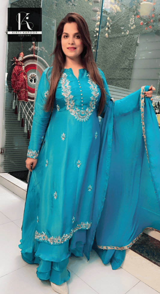 Turquoise Hand - Embroidered Suit with Heavy Dupatta - Kirti Kapoor Couture