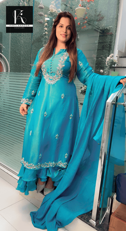 Turquoise Hand - Embroidered Suit with Heavy Dupatta - Kirti Kapoor Couture