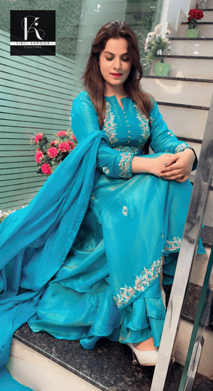 Turquoise Hand - Embroidered Suit with Heavy Dupatta - Kirti Kapoor Couture