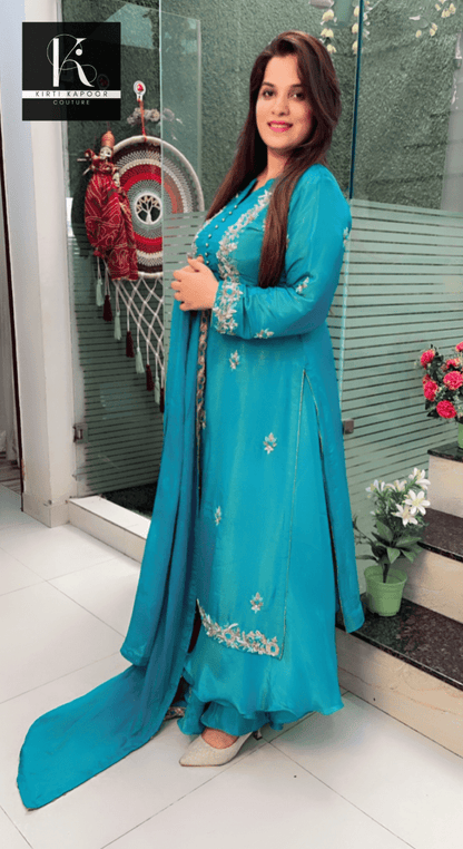 Turquoise Hand - Embroidered Suit with Heavy Dupatta - Kirti Kapoor Couture