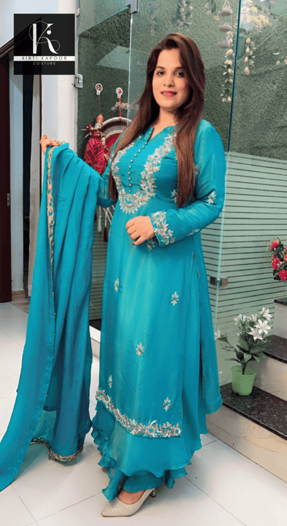 Turquoise Hand - Embroidered Suit with Heavy Dupatta - Kirti Kapoor Couture
