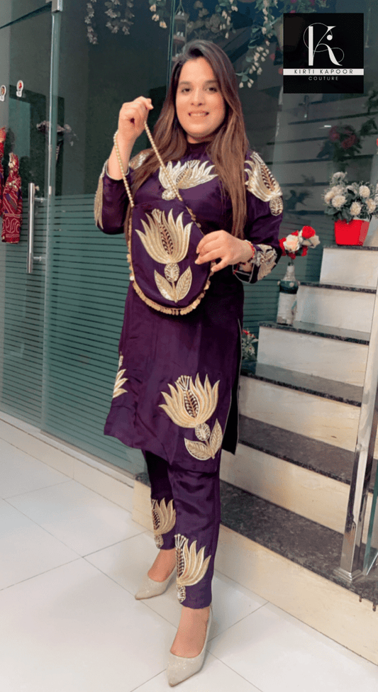 Violet Embroidered Set with Matching Hand - Bag - Kirti Kapoor Couture