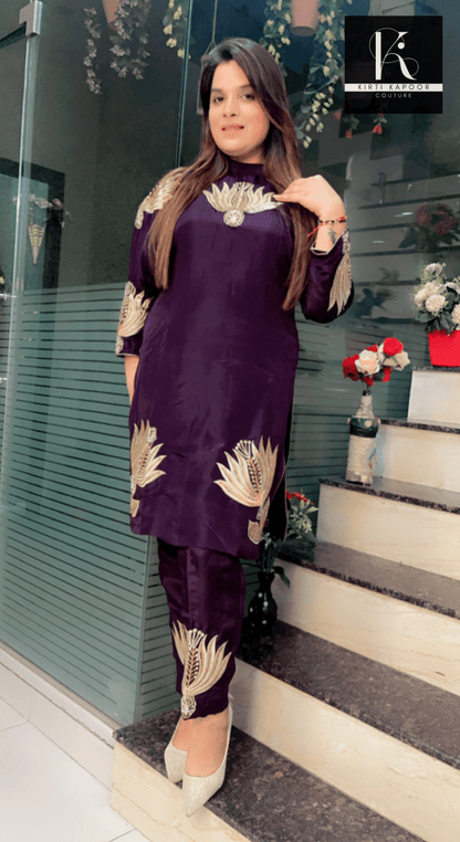 Violet Embroidered Set with Matching Hand - Bag - Kirti Kapoor Couture