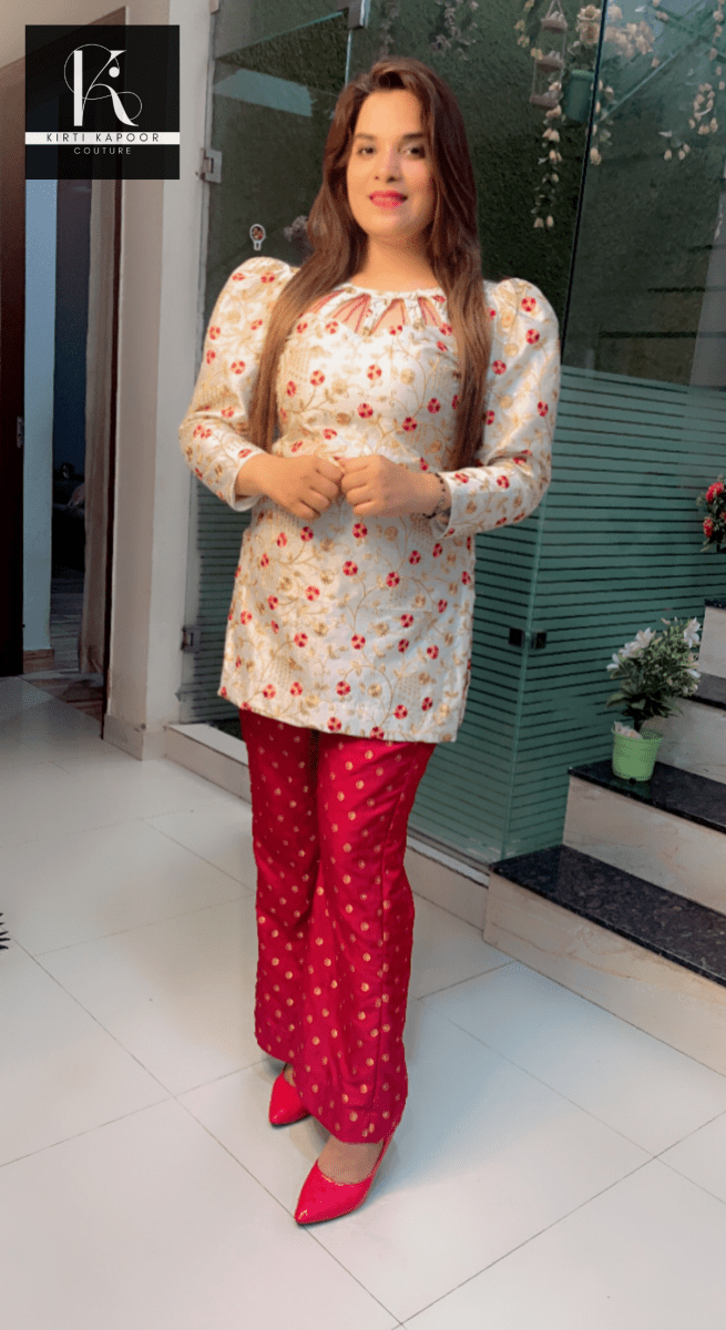 White and Maroon Brocade Set (Hand - Work Highlights) - Kirti Kapoor Couture