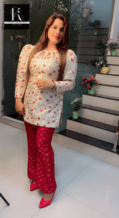 White and Maroon Brocade Set (Hand - Work Highlights) - Kirti Kapoor Couture