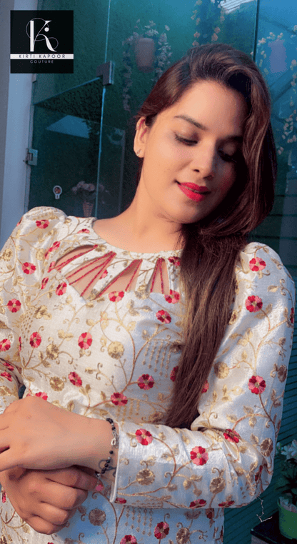 White and Maroon Brocade Set (Hand - Work Highlights) - Kirti Kapoor Couture