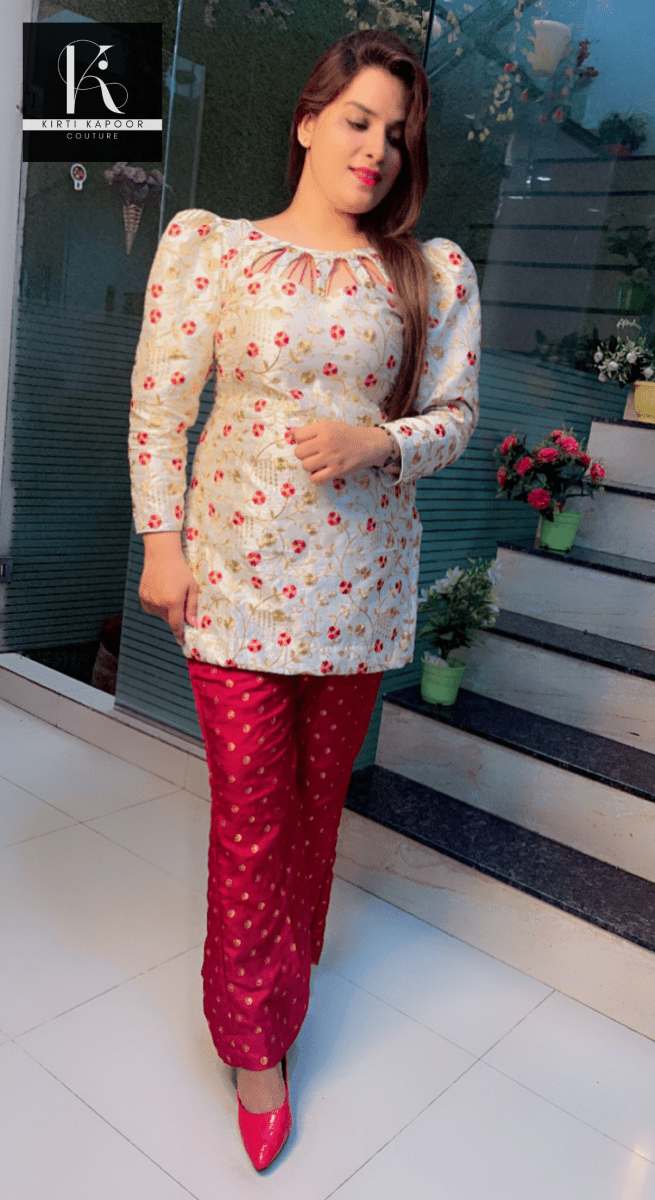White and Maroon Brocade Set (Hand - Work Highlights) - Kirti Kapoor Couture