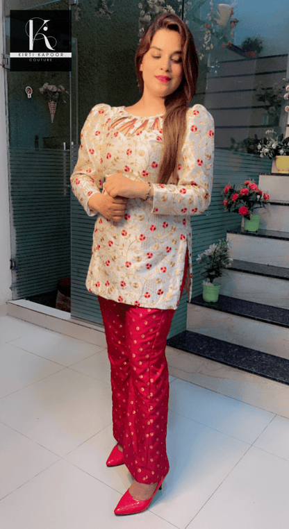White and Maroon Brocade Set (Hand - Work Highlights) - Kirti Kapoor Couture