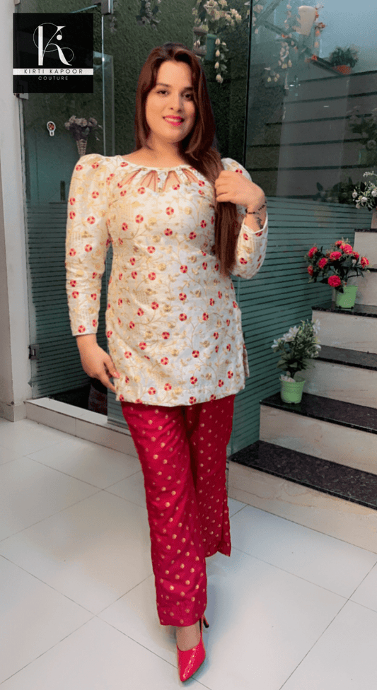White and Maroon Brocade Set (Hand - Work Highlights) - Kirti Kapoor Couture