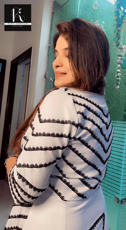White Banana Crepe One - Piece (Black Highlights) - Kirti Kapoor Couture