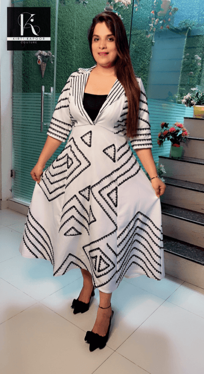 White Banana Crepe One - Piece (Black Highlights) - Kirti Kapoor Couture