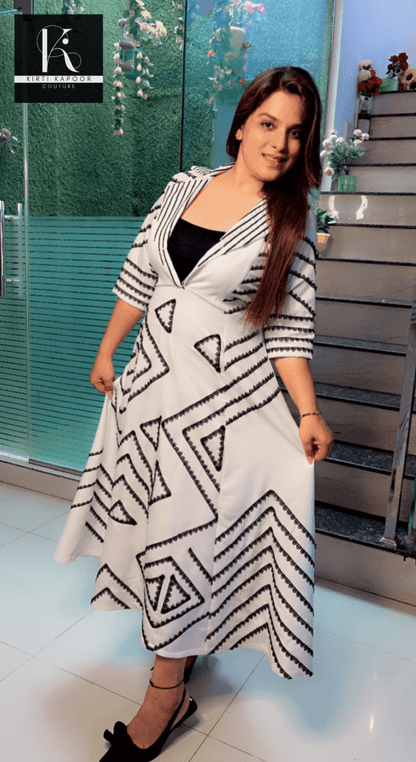 White Banana Crepe One - Piece (Black Highlights) - Kirti Kapoor Couture