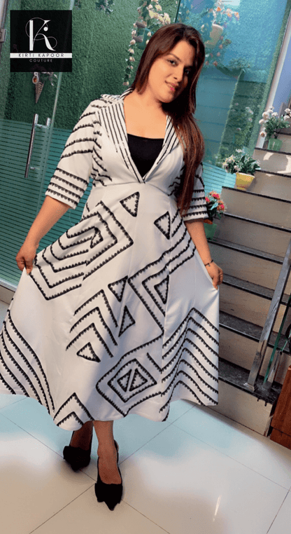 White Banana Crepe One - Piece (Black Highlights) - Kirti Kapoor Couture