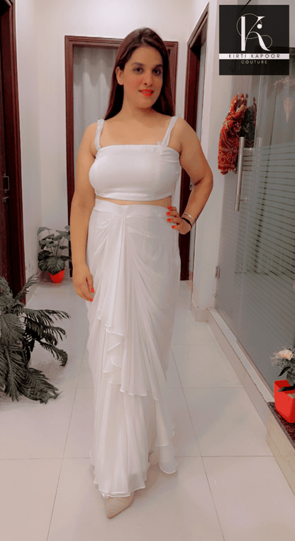 White Draped Skirt With Detachable Jacket - Kirti Kapoor Couture