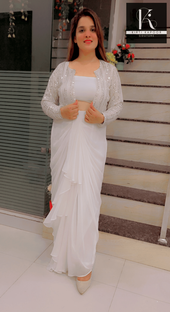 White Draped Skirt With Detachable Jacket - Kirti Kapoor Couture