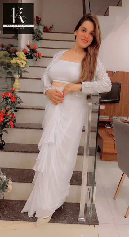 White Draped Skirt With Detachable Jacket - Kirti Kapoor Couture