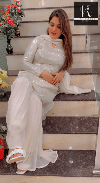 White Shimmer Sharara Suit With Gleaming Sequence Shirt - Kirti Kapoor Couture
