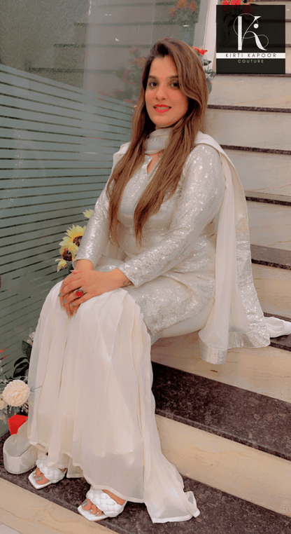 White Shimmer Sharara Suit With Gleaming Sequence Shirt - Kirti Kapoor Couture