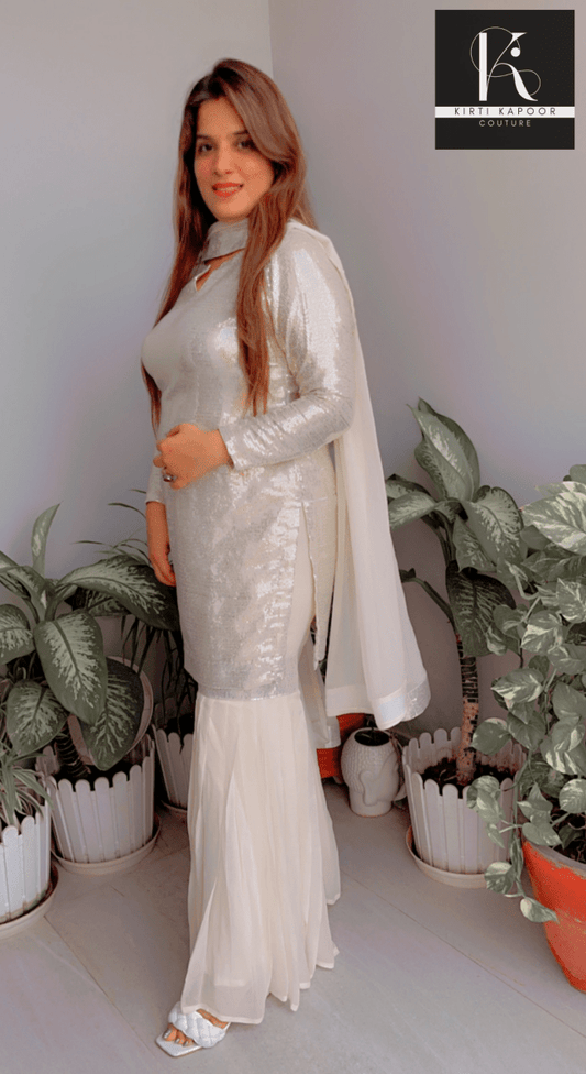 White Shimmer Sharara Suit With Gleaming Sequence Shirt - Kirti Kapoor Couture