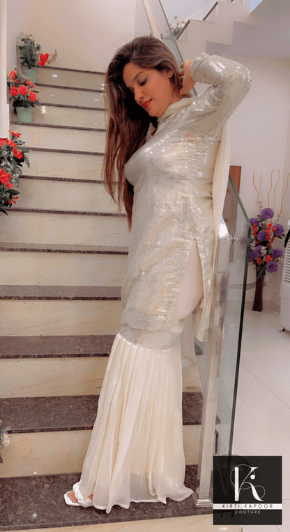 White Shimmer Sharara Suit With Gleaming Sequence Shirt - Kirti Kapoor Couture