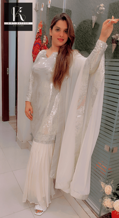 White Shimmer Sharara Suit With Gleaming Sequence Shirt - Kirti Kapoor Couture