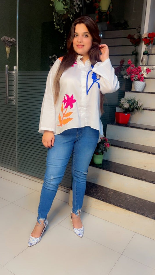 White shirt with bright coloured embroidered patches - Kirti Kapoor Couture
