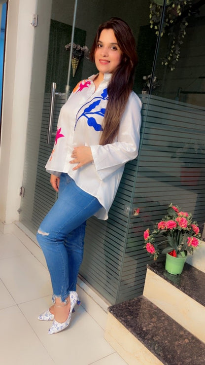 White shirt with bright coloured embroidered patches - Kirti Kapoor Couture