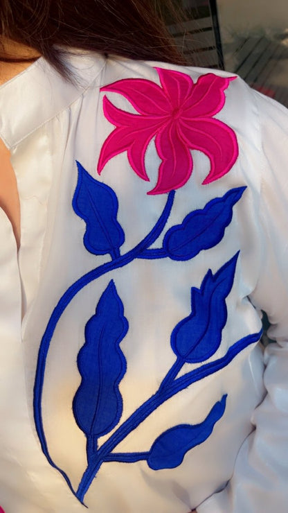 White shirt with bright coloured embroidered patches - Kirti Kapoor Couture