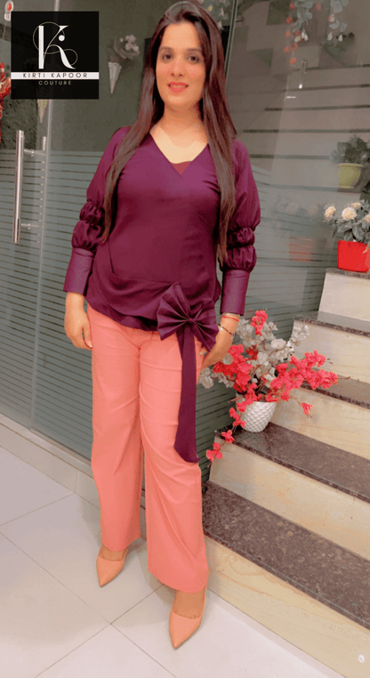 Wine Color Designer Top and Peach Pant Set - Kirti Kapoor Couture