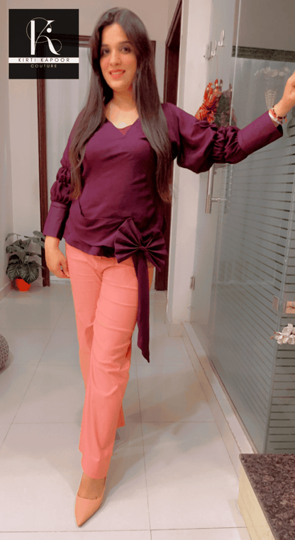 Wine Color Designer Top and Peach Pant Set - Kirti Kapoor Couture