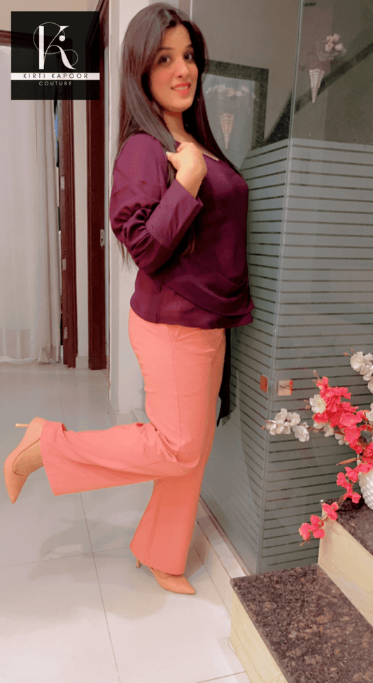 Wine Color Designer Top and Peach Pant Set - Kirti Kapoor Couture