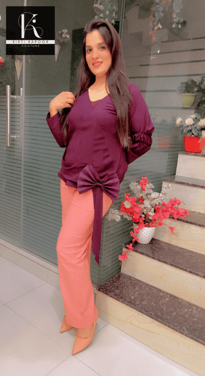 Wine Color Designer Top and Peach Pant Set - Kirti Kapoor Couture