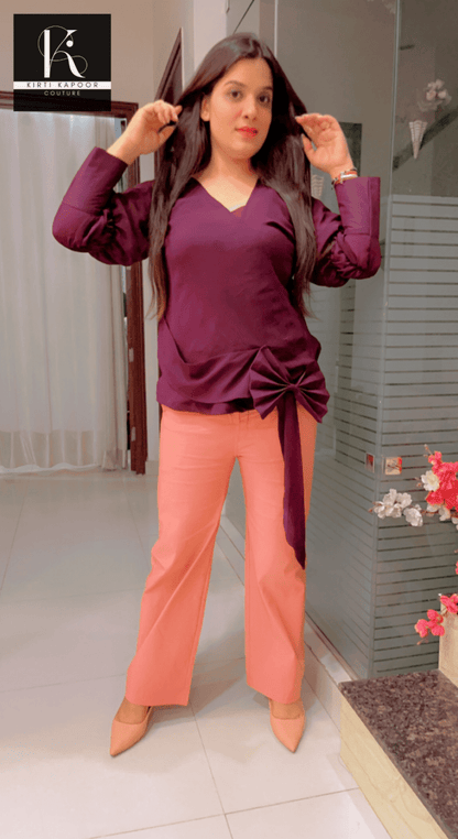 Wine Color Designer Top and Peach Pant Set - Kirti Kapoor Couture