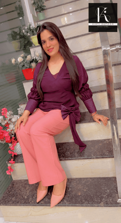 Wine Color Designer Top and Peach Pant Set - Kirti Kapoor Couture